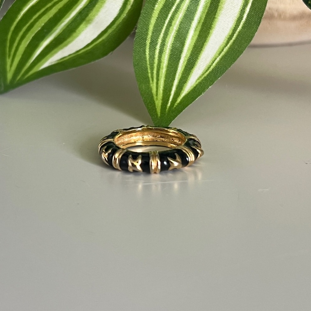 Gold Tone Black Enamel Chunky Statement Ring Approx. Size 7